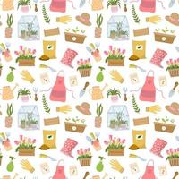 Gardening seamless pattern with tools, flowers, rubber boots, seeds, tulips, gloves and etc. for design garden center. Vector illustration. Isolated on white background.