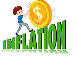 A boy pushing coin and walking on inflation logo vector