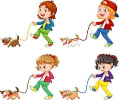 Set of different kids walking dogs vector