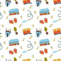 Gardening seamless vector pattern. Illustrations of gardening equipment, seedlings, greenhouse.