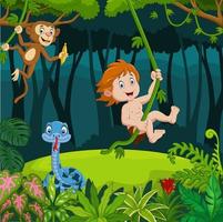 Cartoon tarzan with animals in the jungle vector