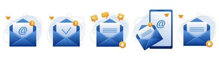 Blue open mail envelopes with email sign, new message, letter, check mark. Sending advertising emails, offering discount, sale. Email management concept. Vector icons set.