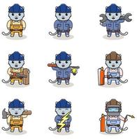 Vector illustration of Cat Construction, builder, electrician, welder and handymen cartoon. Cute Cat engineers workers, builders characters isolated cartoon illustration.