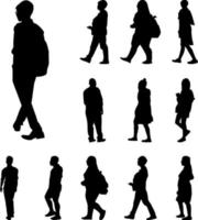 Black Walk Silhouettes, Icon man and women travel on white background vector