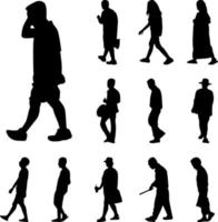 Man and women walk silhouettes vector set, Icon people promenade on white background