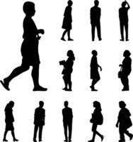 black walk silhouettes vector set, Icon man and women promenade on white background