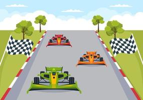 Formula Racing Sport Car Reach on Race Circuit the Finish Line Cartoon Illustration to Win the Championship in Flat Style Design vector