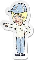 retro distressed sticker of a cartoon woman pointing vector