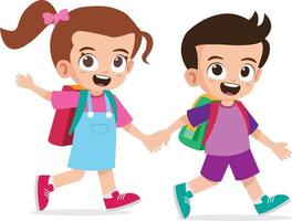 Cute kid boy and girl holding hand and go to school together vector