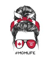 Messy bun hairstyle with Canadian flag headband and glasses, vector illustration