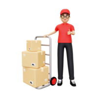 3d Deliveryman standing next to the parcel trolley png