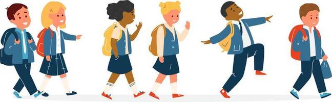 Group Of Smiling Kids Different Race In School Uniform With Backpacks Walking. Primary School Pupils. Flat Vector Illustration.