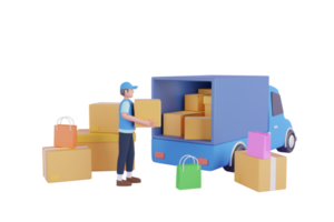 3d Courier service Delivery. Delivery man and boxes. Courier or delivery service. Men characters with parcels packages boxes.3d rendering png