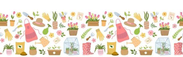 Seamless border, horizontal frame with flowers and gardening tools, garden clothes. Design for duct tape, adhesive tape, wallpaper, textile, dyeing. vector