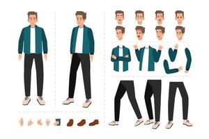 Man cartoon character for motion design with facial expressions, hand gestures, body and leg movement vector