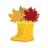 Yellow high clean rubber boots with maple leaves. Gardening, autumn. Flat style vector