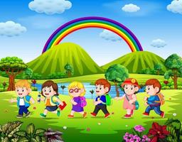 the students go to school in the sunny day vector