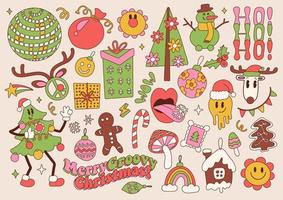 Big set of Merry Christmas groovy retro 70s elements. Groovy Hippie holiday collection clip art. Christmas tree mascot, xmas tree, emoji, gifts, trendy objects. Vector hand drawn illustration.