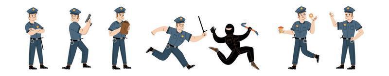 Set of police officer lifestyle, cop man at work vector