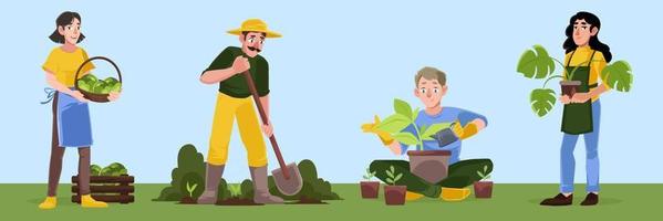 Gardening or farm works. Men and women gardeners vector