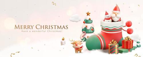 3d Christmas banner with snowman and Santa Claus in  the stocking with Xmas festive ornaments on a snowy white background vector