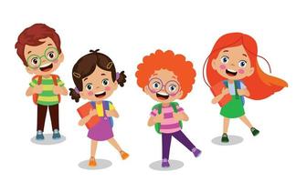 cute happy little kids going to school with school bags on their backs vector