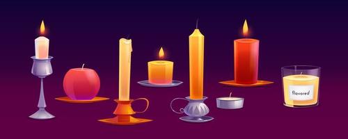 Burning wax candles different shapes with fire vector