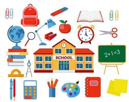 School items and supplies. School building isolated on white background vector