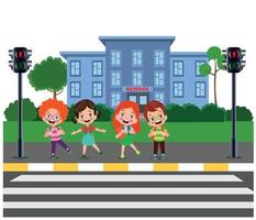 Cute school kids with backpacks waiting for stop sign at pedestrian traffic light to cross at pedestrian crossing on their way to school vector