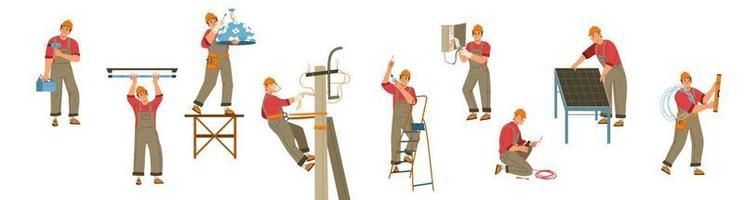 Electrician worker with tools, ladder and wires vector