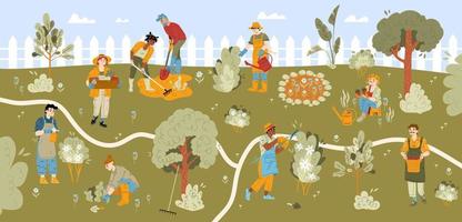 Characters working in garden, gardening hobby vector