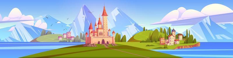 Ancient fairy tale castle on island in sea vector