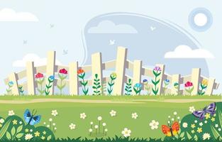 Flower Garden With Fence In Spring Concept vector