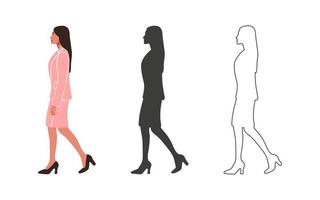 People. Walking woman in pink suit. People drawn in a flat cartoon style. Vector illustration