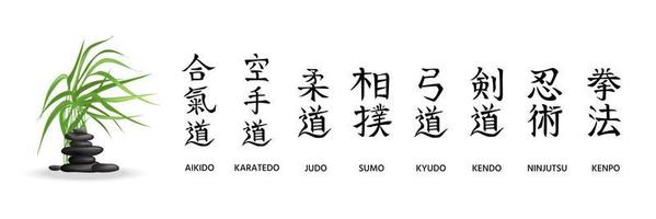 Aikido, Karatedo, Judo, Sumo, Kyudo, Kendo, Ninjutsu, Kenpo. Calligraphic names of Japanese martial arts, fight styles. Japanese zen stone rock tower and green reed vector