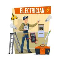 Electrician with tools, toolboox and equipment vector