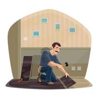 Laminate flooring service. Worker with tools vector