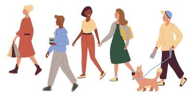 People of different races go, walk. The man walks the dog. Two girls hold hands. The woman is carrying packages. The man is holding coffee. On a white background. vector