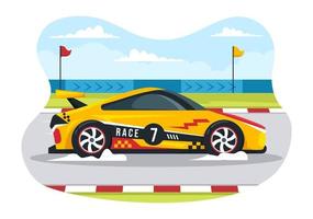 Formula Racing Sport Car Reach on Race Circuit the Finish Line Cartoon Illustration to Win the Championship in Flat Style Hand Drawn Templates Design vector