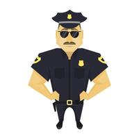 Policeman in a cap with his hands on his belt. Cartoon serious policeman in uniform with glasses. vector