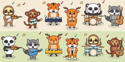 Cartoon Forest animal play music band. Sloth, Monkey, tiger, deer, panda and raccoon. Illustration set with different animals. Animals playing music instruments. vector