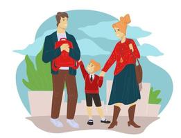 Mother and father walking kid first day in school vector