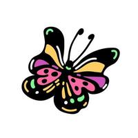 Bright flying butterfly vector icon. Hand drawn doodle isolated on white. Beautiful summer insect with antennae, patterned wings. Swallowtail sketch, cartoon moth. Clipart for cards, posters, web