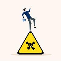 Careful businessman slip falling on caution skull symbol, Caution caution, business risk or trouble warning, failure prevention or avoid hazard concept, caution sign. vector