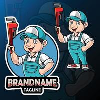 Cartoon plumber mascot design with big wrench vector