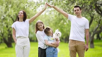 Adorable family in blooming cherry garden on beautiful spring day video