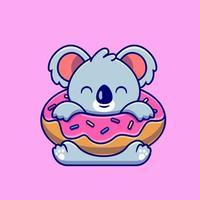 Cute Koala With Big Doughnut Cartoon Vector Icon Illustration. Animal Food Icon Concept Isolated Premium Vector. Flat Cartoon Style