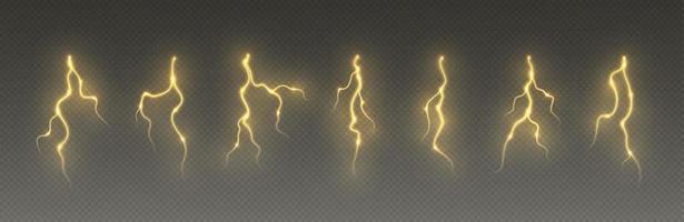 Thunderstorm lightning, thunderbolt strike, realistic electric zipper, energy flash light effect, yellow lightning bolt vector