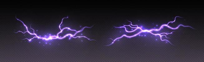 Thunderstorm lightning, thunderbolt strike, realistic electric zipper, energy flash light effect, purple lightning bolt vector