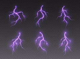 Thunderstorm lightning, thunderbolt strike, realistic electric zipper, energy flash light effect, purple lightning bolt vector